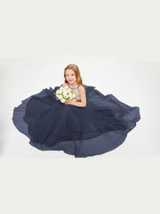 Abito Damigella Junior Lungo Top Con Paillettes Gonna In Tulle Blu Scuro