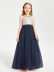 Abito Damigella Junior Lungo Top Con Paillettes Gonna In Tulle Blu Scuro
