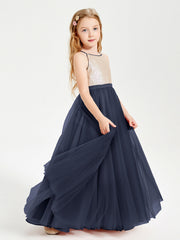 Abito Damigella Junior Lungo Top Con Paillettes Gonna In Tulle Blu Scuro