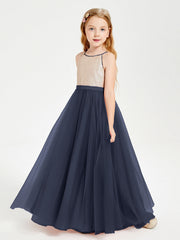 Abito Damigella Junior Lungo Top Con Paillettes Gonna In Tulle Blu Scuro