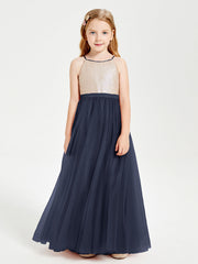 Abito Damigella Junior Lungo Top Con Paillettes Gonna In Tulle Blu Scuro