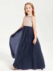 Abito Damigella Junior Lungo Top Con Paillettes Gonna In Tulle Blu Scuro