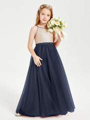 Abito Damigella Junior Lungo Top Con Paillettes Gonna In Tulle Blu Scuro