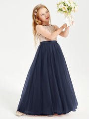 Abito Damigella Junior Lungo Top Con Paillettes Gonna In Tulle Blu Scuro