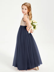 Abito Damigella Junior Lungo Top Con Paillettes Gonna In Tulle Blu Scuro
