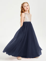 Abito Damigella Junior Lungo Top Con Paillettes Gonna In Tulle Blu Scuro