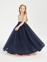 Abito Damigella Junior Lungo Top Con Paillettes Gonna In Tulle Blu Scuro