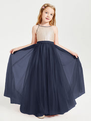 Abito Damigella Junior Lungo Top Con Paillettes Gonna In Tulle Blu Scuro