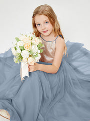 Abito Damigella Junior Lungo Top Con Paillettes Gonna In Tulle Azzurro Polvere
