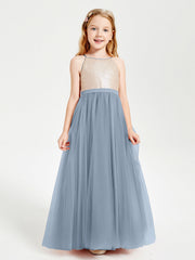 Abito Damigella Junior Lungo Top Con Paillettes Gonna In Tulle Azzurro Polvere