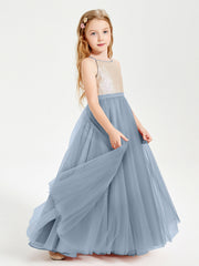 Abito Damigella Junior Lungo Top Con Paillettes Gonna In Tulle Azzurro Polvere