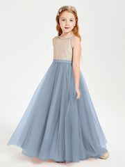 Abito Damigella Junior Lungo Top Con Paillettes Gonna In Tulle Azzurro Polvere