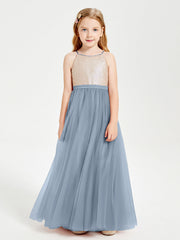Abito Damigella Junior Lungo Top Con Paillettes Gonna In Tulle Azzurro Polvere