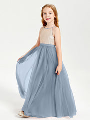 Abito Damigella Junior Lungo Top Con Paillettes Gonna In Tulle Azzurro Polvere