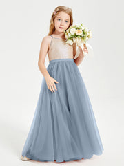 Abito Damigella Junior Lungo Top Con Paillettes Gonna In Tulle Azzurro Polvere