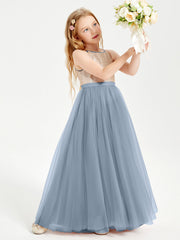 Abito Damigella Junior Lungo Top Con Paillettes Gonna In Tulle Azzurro Polvere