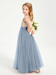 Abito Damigella Junior Lungo Top Con Paillettes Gonna In Tulle Azzurro Polvere