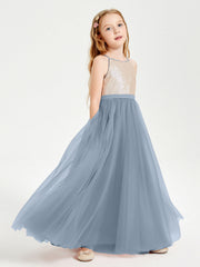 Abito Damigella Junior Lungo Top Con Paillettes Gonna In Tulle Azzurro Polvere