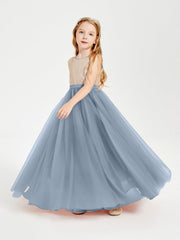 Abito Damigella Junior Lungo Top Con Paillettes Gonna In Tulle Azzurro Polvere