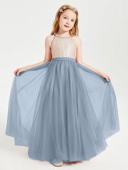 Abito Damigella Junior Lungo Top Con Paillettes Gonna In Tulle Azzurro Polvere