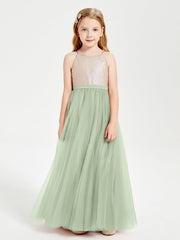Abito Damigella Junior Lungo Top Con Paillettes Gonna In Tulle Salvia Polvere