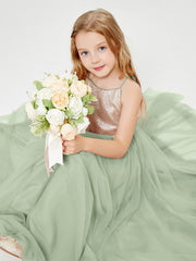 Abito Damigella Junior Lungo Top Con Paillettes Gonna In Tulle Salvia Polvere