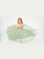 Abito Damigella Junior Lungo Top Con Paillettes Gonna In Tulle Salvia Polvere