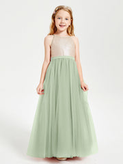 Abito Damigella Junior Lungo Top Con Paillettes Gonna In Tulle Salvia Polvere