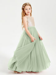 Abito Damigella Junior Lungo Top Con Paillettes Gonna In Tulle Salvia Polvere