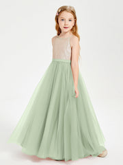 Abito Damigella Junior Lungo Top Con Paillettes Gonna In Tulle Salvia Polvere