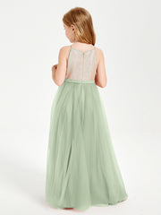 Abito Damigella Junior Lungo Top Con Paillettes Gonna In Tulle Salvia Polvere