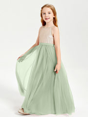 Abito Damigella Junior Lungo Top Con Paillettes Gonna In Tulle Salvia Polvere