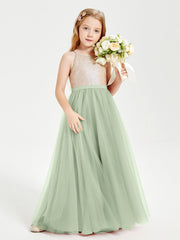 Abito Damigella Junior Lungo Top Con Paillettes Gonna In Tulle Salvia Polvere