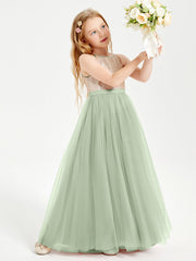 Abito Damigella Junior Lungo Top Con Paillettes Gonna In Tulle Salvia Polvere