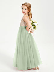 Abito Damigella Junior Lungo Top Con Paillettes Gonna In Tulle Salvia Polvere
