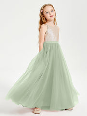 Abito Damigella Junior Lungo Top Con Paillettes Gonna In Tulle Salvia Polvere