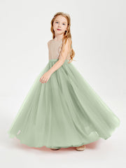 Abito Damigella Junior Lungo Top Con Paillettes Gonna In Tulle Salvia Polvere