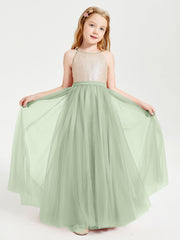 Abito Damigella Junior Lungo Top Con Paillettes Gonna In Tulle Salvia Polvere