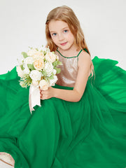 Abito Damigella Junior Lungo Top Con Paillettes Gonna In Tulle Smeraldo