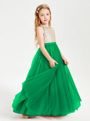 Abito Damigella Junior Lungo Top Con Paillettes Gonna In Tulle Smeraldo