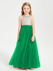 Abito Damigella Junior Lungo Top Con Paillettes Gonna In Tulle Smeraldo
