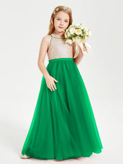 Abito Damigella Junior Lungo Top Con Paillettes Gonna In Tulle Smeraldo