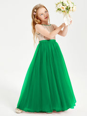 Abito Damigella Junior Lungo Top Con Paillettes Gonna In Tulle Smeraldo