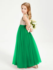 Abito Damigella Junior Lungo Top Con Paillettes Gonna In Tulle Smeraldo