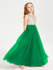 Abito Damigella Junior Lungo Top Con Paillettes Gonna In Tulle Smeraldo