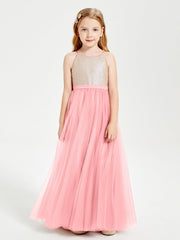 Abito Damigella Junior Lungo Top Con Paillettes Gonna In Tulle Fenicottero