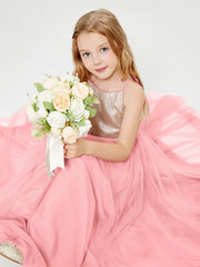 Abito Damigella Junior Lungo Top Con Paillettes Gonna In Tulle Fenicottero