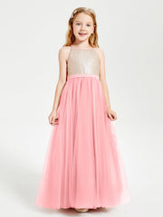 Abito Damigella Junior Lungo Top Con Paillettes Gonna In Tulle Fenicottero