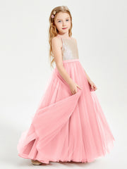 Abito Damigella Junior Lungo Top Con Paillettes Gonna In Tulle Fenicottero