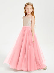 Abito Damigella Junior Lungo Top Con Paillettes Gonna In Tulle Fenicottero